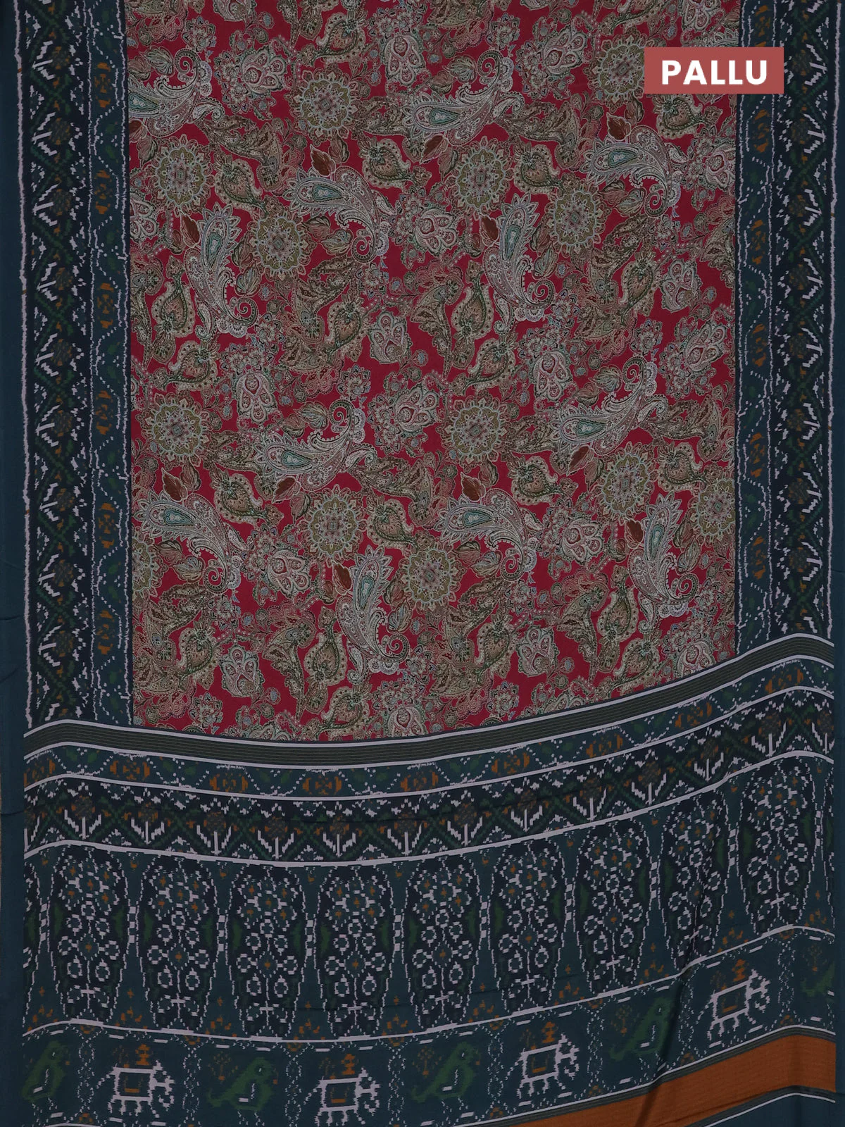 Semi crepe saree pink and teal blue with allover prints and printed border - Image 3
