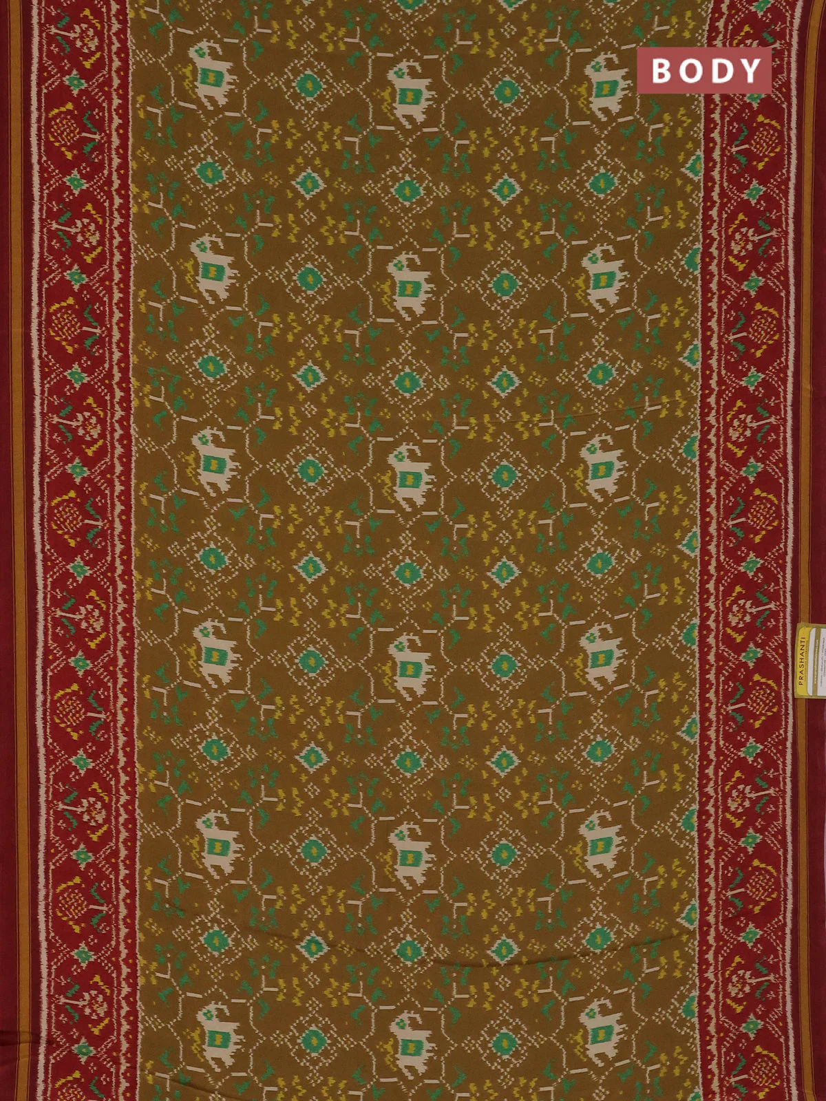 Semi crepe saree sandal and maroon with allover ikat prints and printed border - Image 2