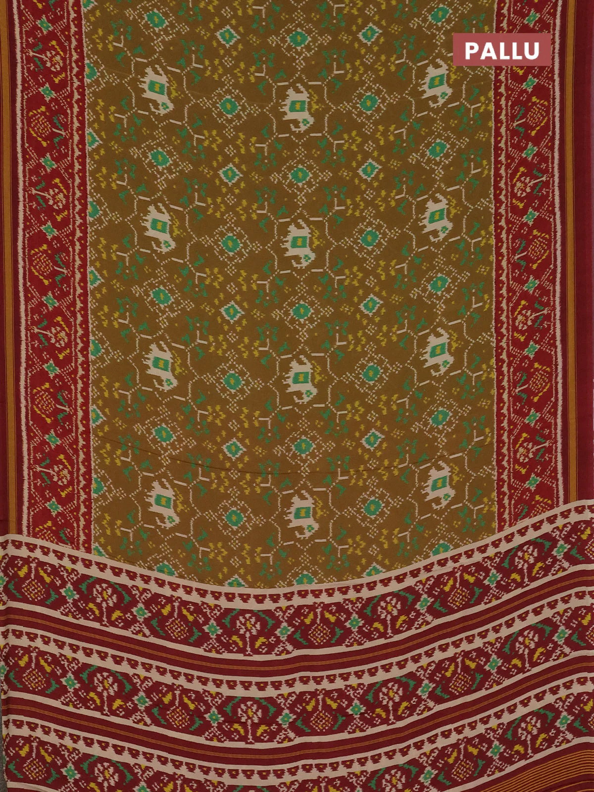 Semi crepe saree sandal and maroon with allover ikat prints and printed border - Image 3