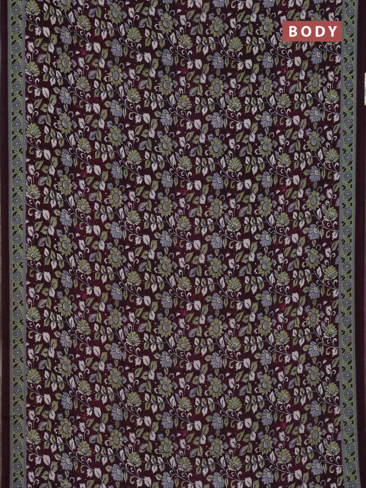 Semi crepe saree wine shade with allover kalamkari prints and printed border - Image 2