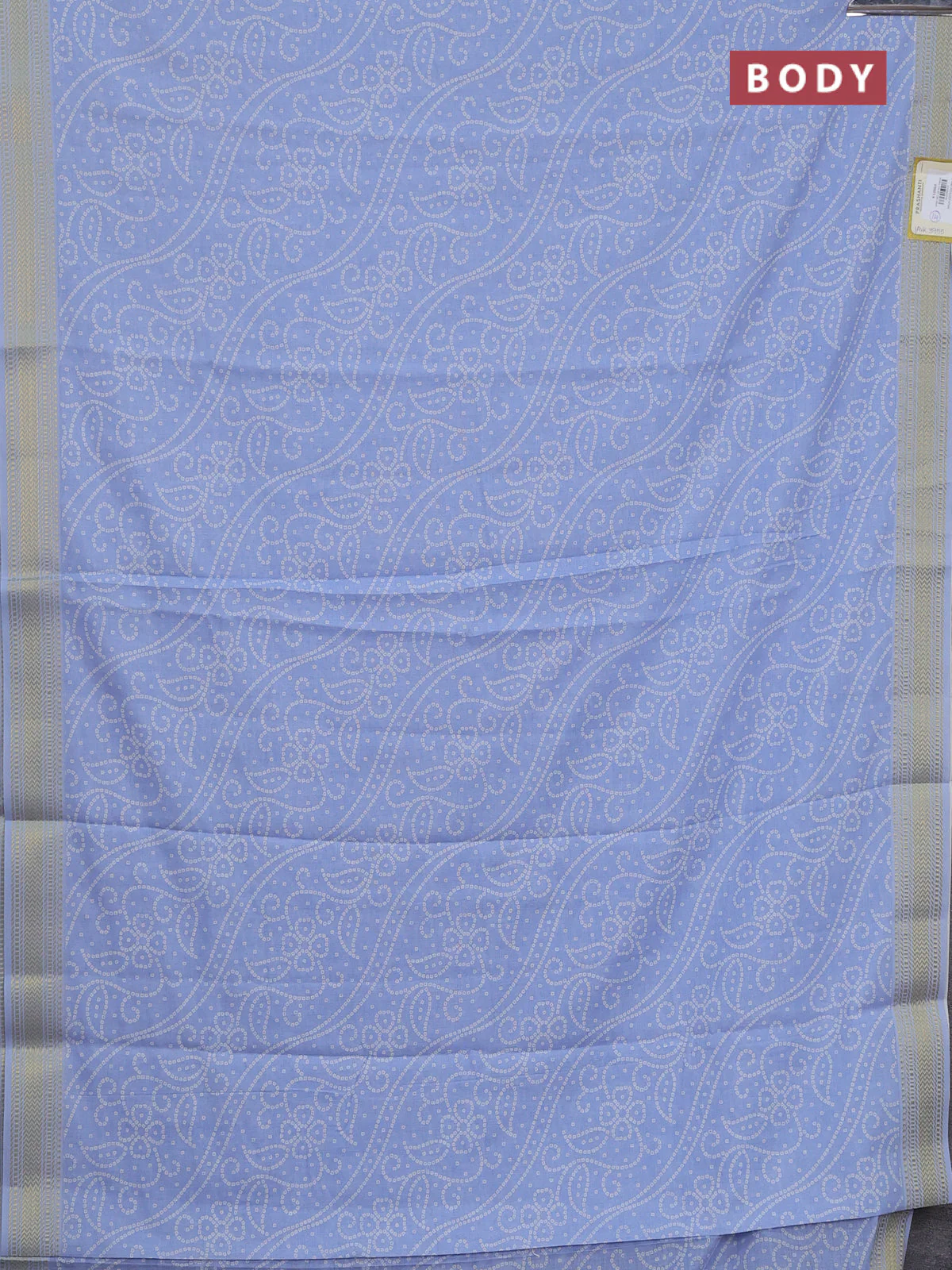 Spun cotton saree blue shade with allover bandhani prints and zari woven border - Image 2