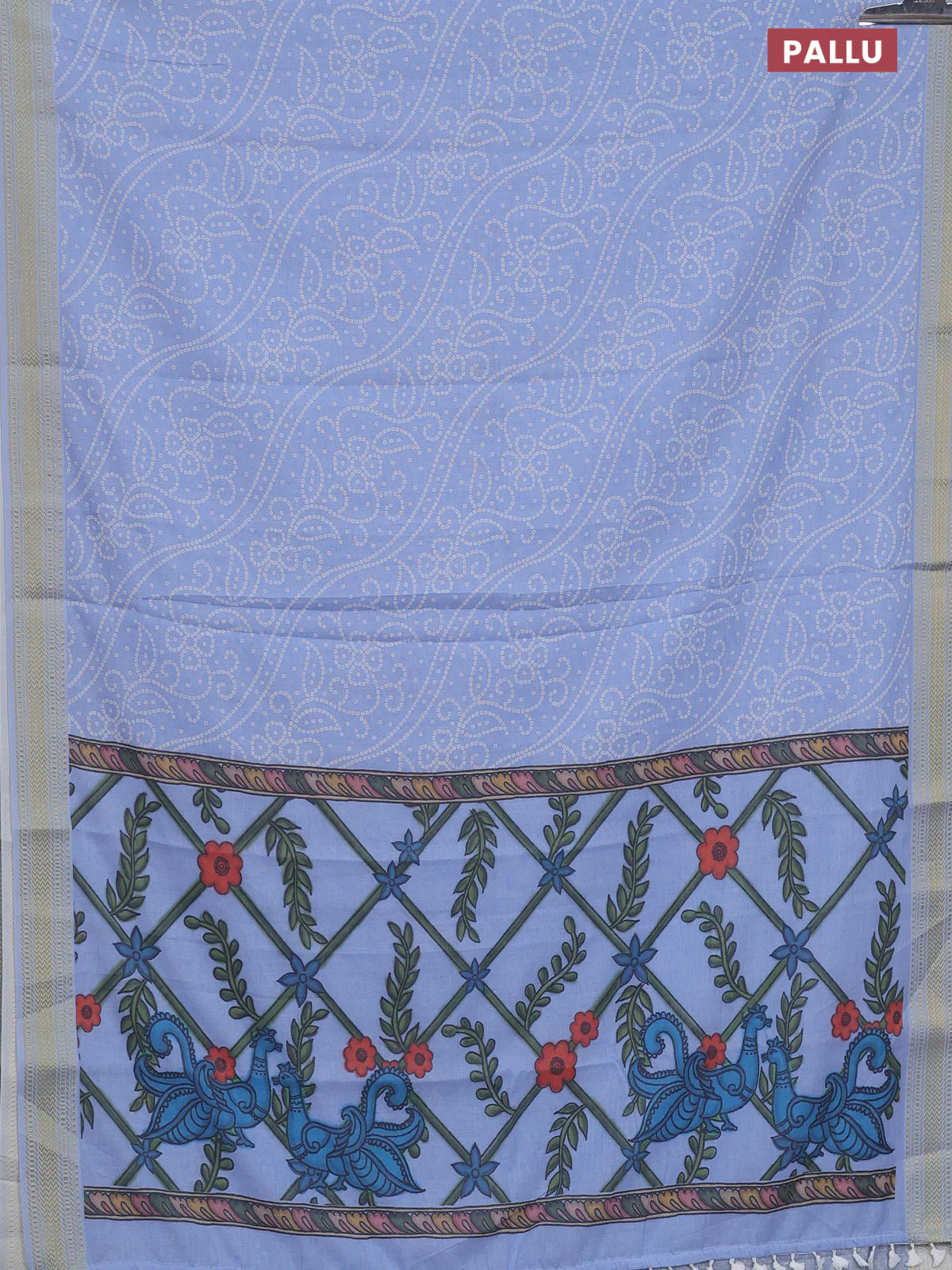 Spun cotton saree blue shade with allover bandhani prints and zari woven border - Image 3