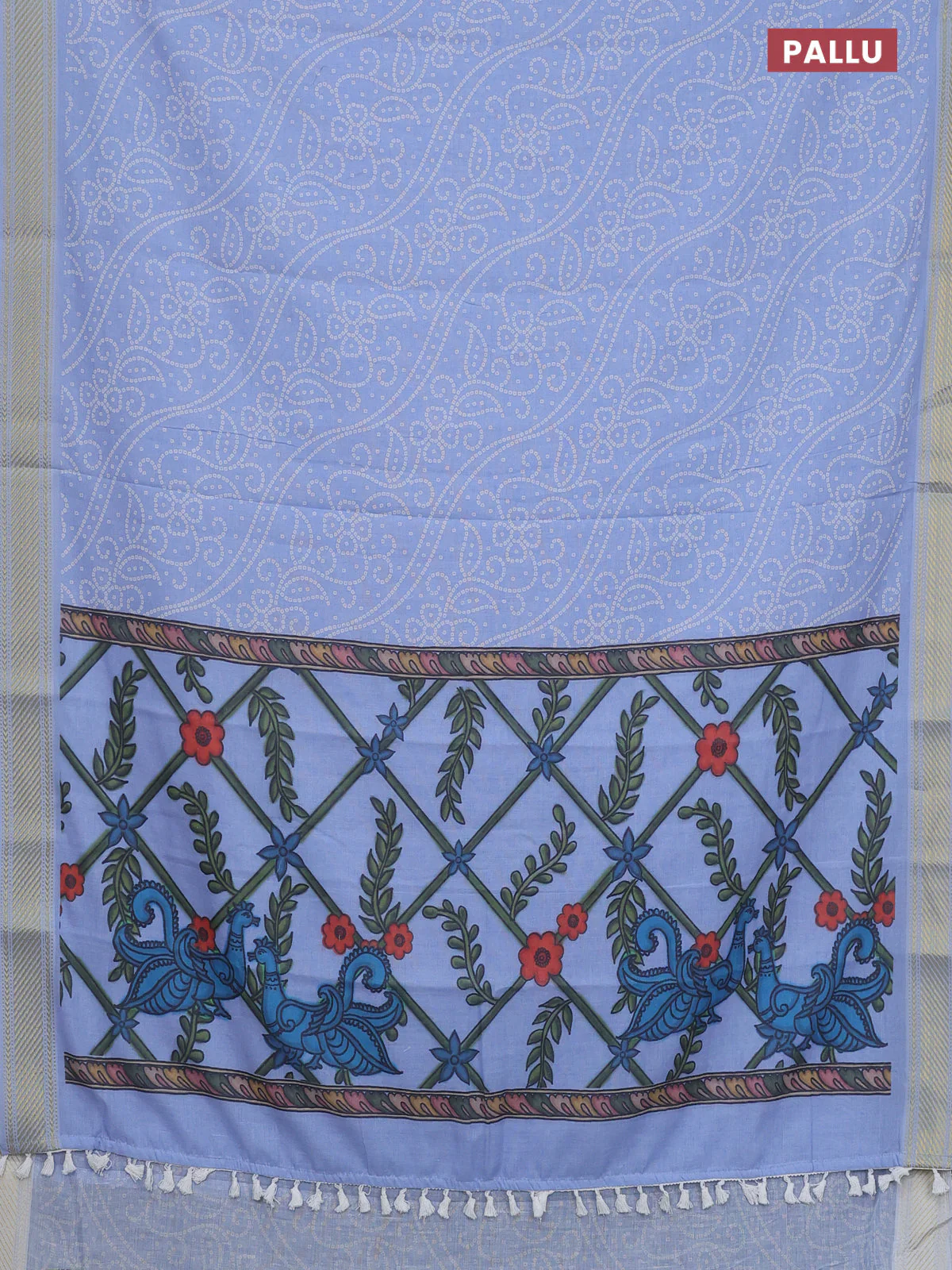 Spun cotton saree blue shade with allover bandhani prints and zari woven border - Image 3
