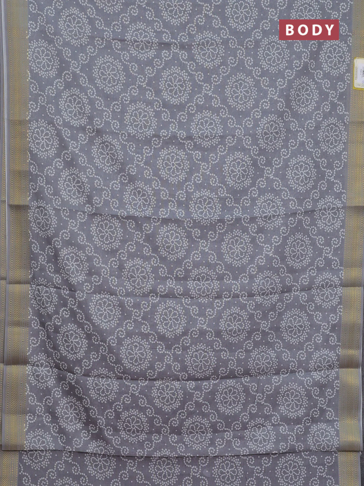 Spun cotton saree grey with allover bandhani prints and zari woven border - Image 2
