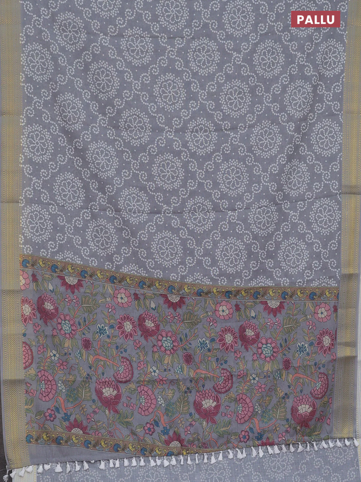 Spun cotton saree grey with allover bandhani prints and zari woven border - Image 3