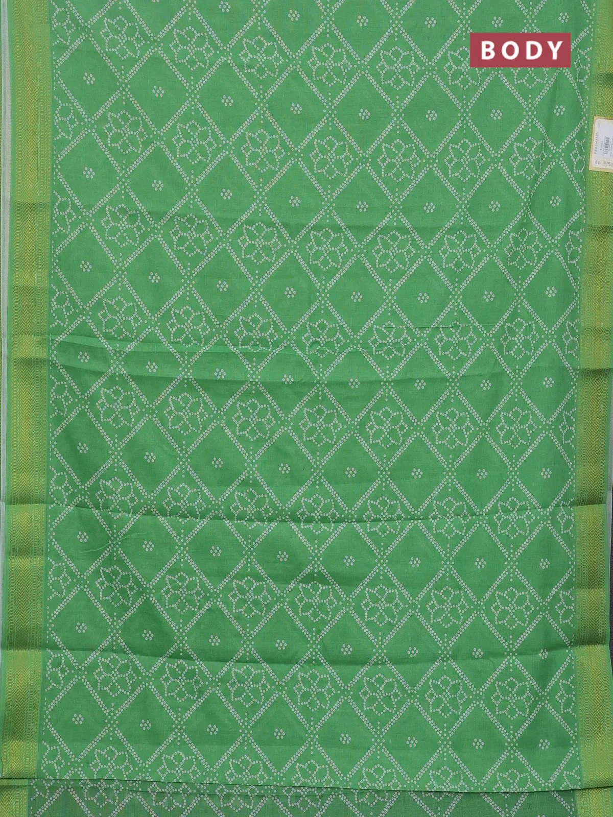 Spun cotton saree light green with allover bandhani prints and zari woven border - Image 2