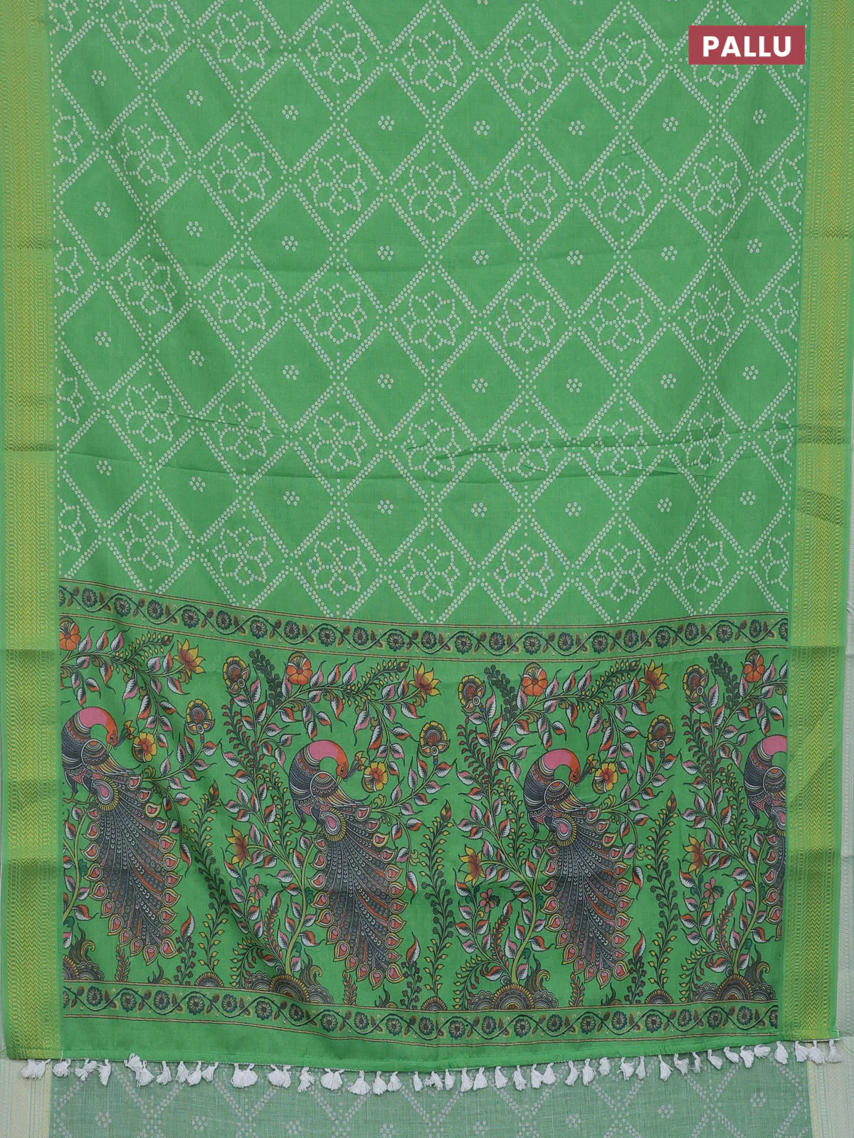 Spun cotton saree light green with allover bandhani prints and zari woven border - Image 3
