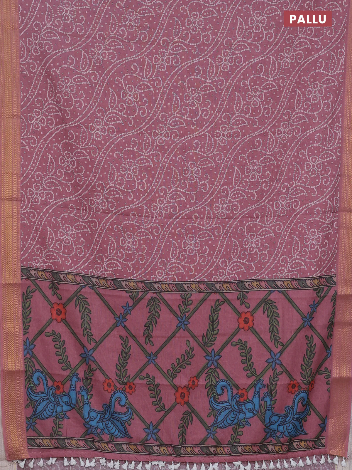 Spun cotton saree maroon shade with allover bandhani prints and zari woven border - Image 3
