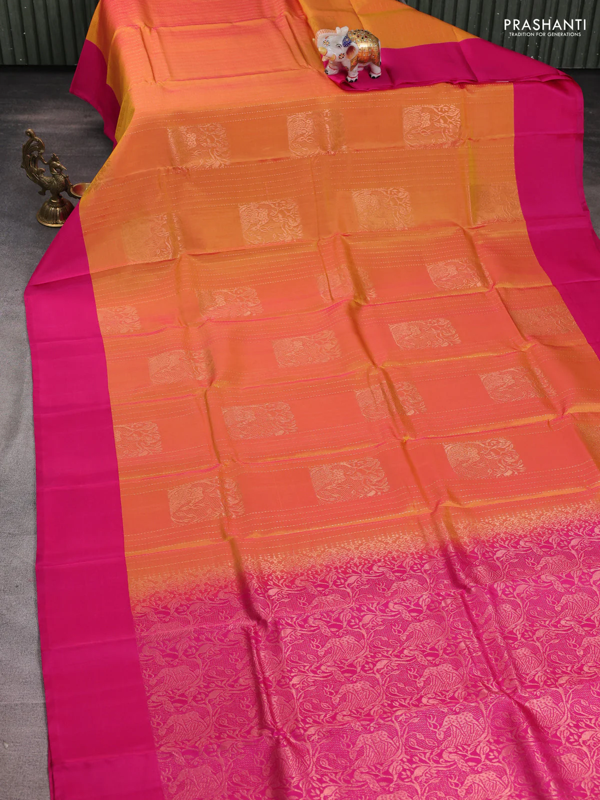 Sunset orange-Pink kanchipuram silk saree with matching matching Neck piece - Image 2