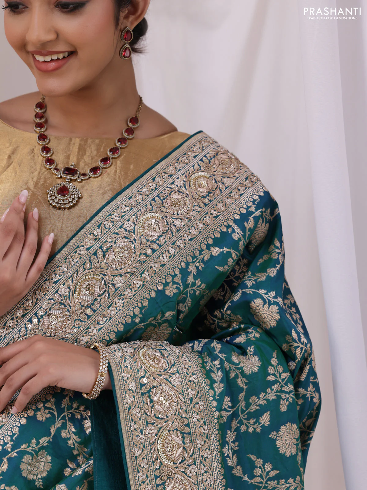 Teal Blue Banarasi Uppada silk saree with allover zari weaves & embroidery border - Image 2
