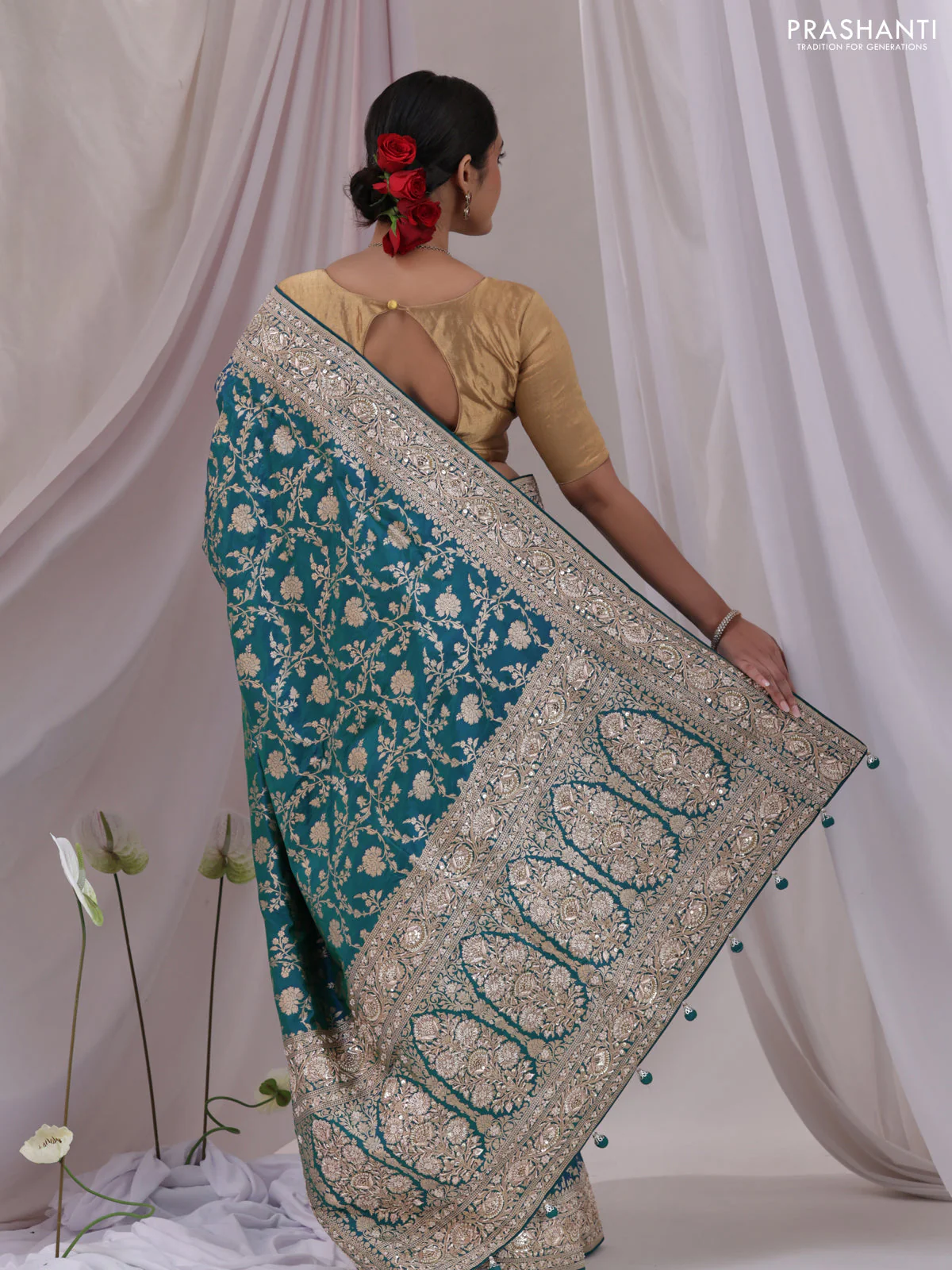Teal Blue Banarasi Uppada silk saree with allover zari weaves & embroidery border - Image 3