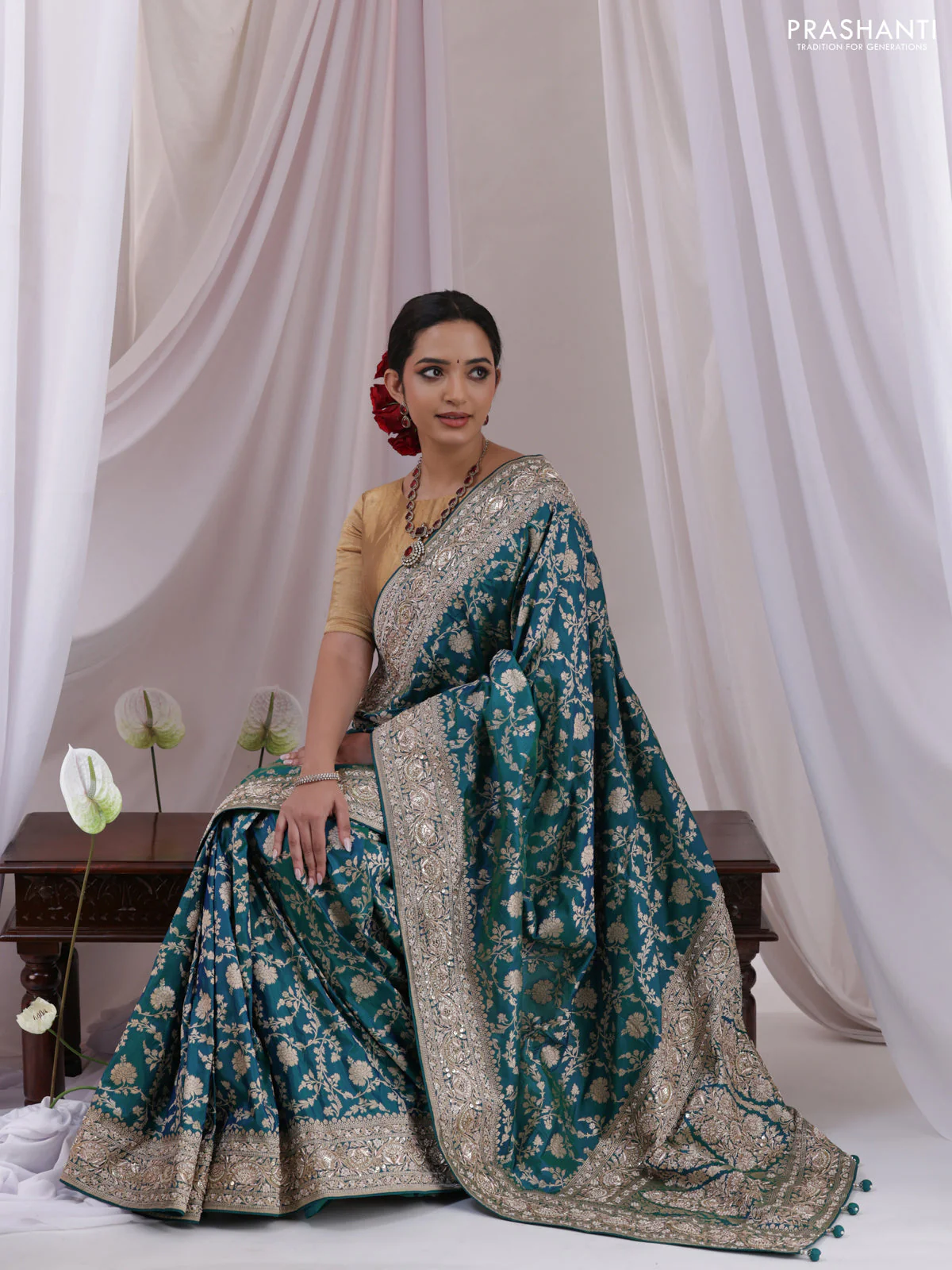 Teal Blue Banarasi Uppada silk saree with allover zari weaves & embroidery border - Image 4