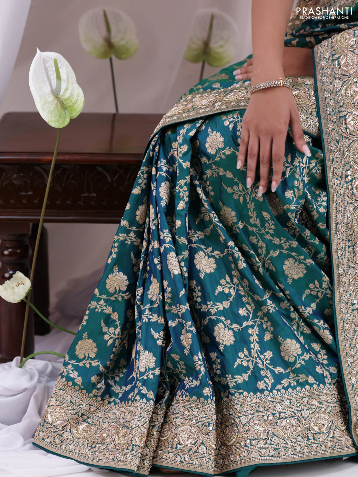 Teal Blue Banarasi Uppada silk saree with allover zari weaves & embroidery border - Image 5