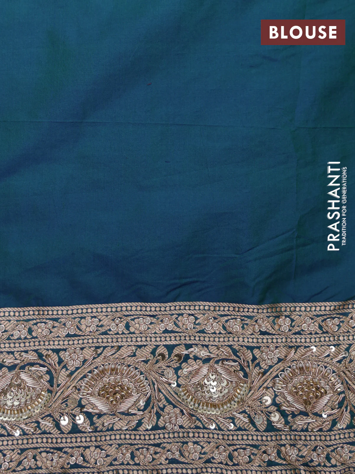 Teal Blue Banarasi Uppada silk saree with allover zari weaves & embroidery border - Image 6