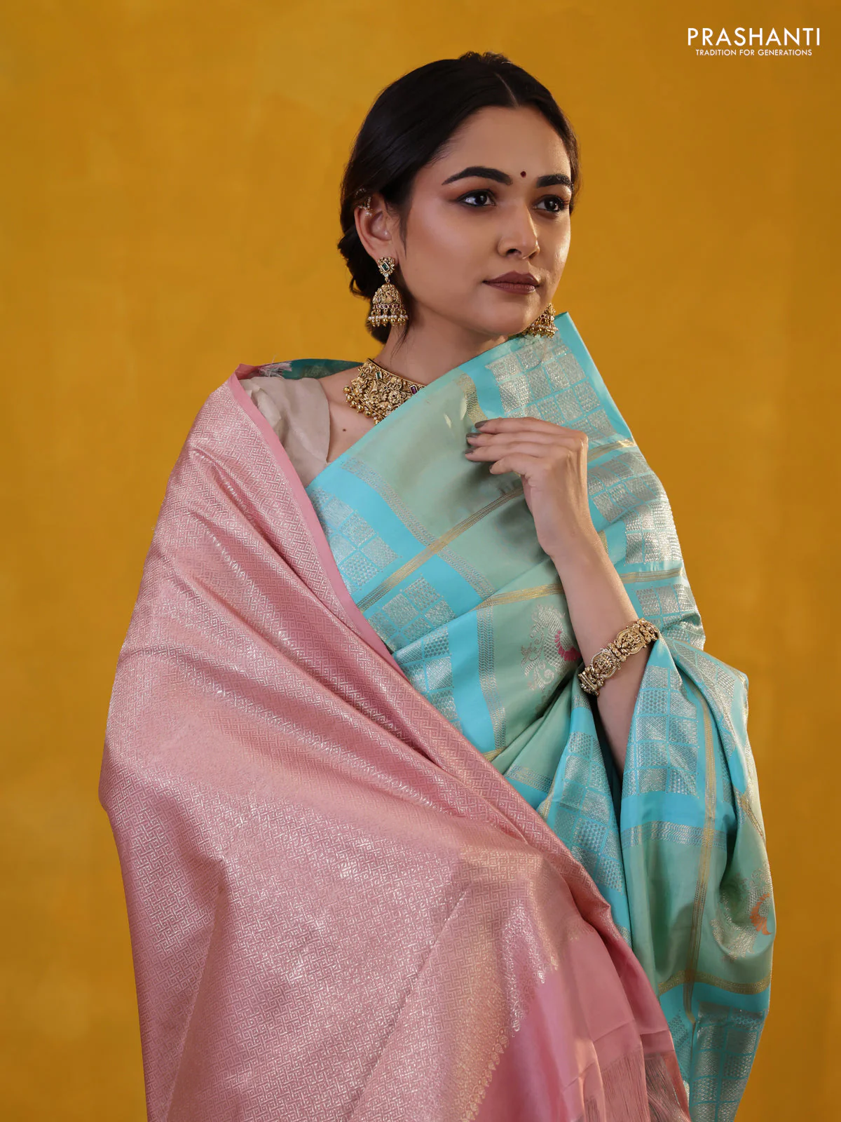Teal Blue-Peach Shade Pure kanchipuram Silk saree With allover zari checked pattern - Image 2