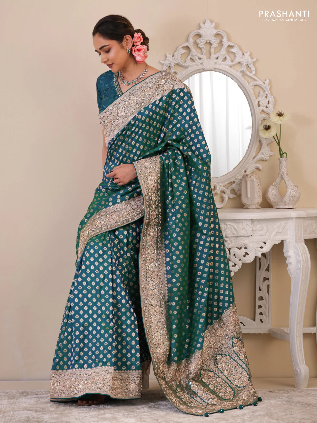 Teal Green Banarasi Uppada silk saree with allover zari woven buttas & embroidery border - Image 2