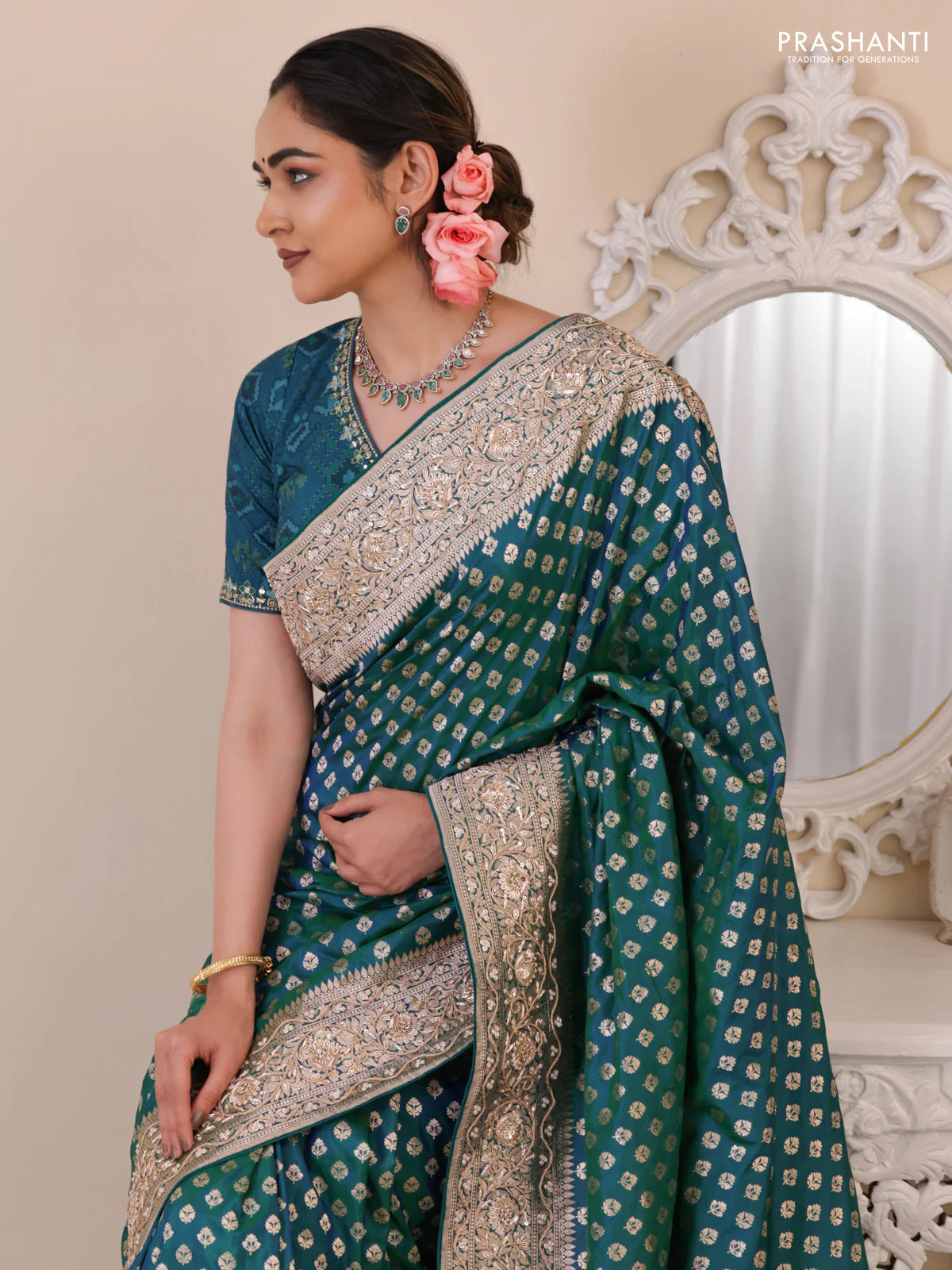 Teal Green Banarasi Uppada silk saree with allover zari woven buttas & embroidery border - Image 3