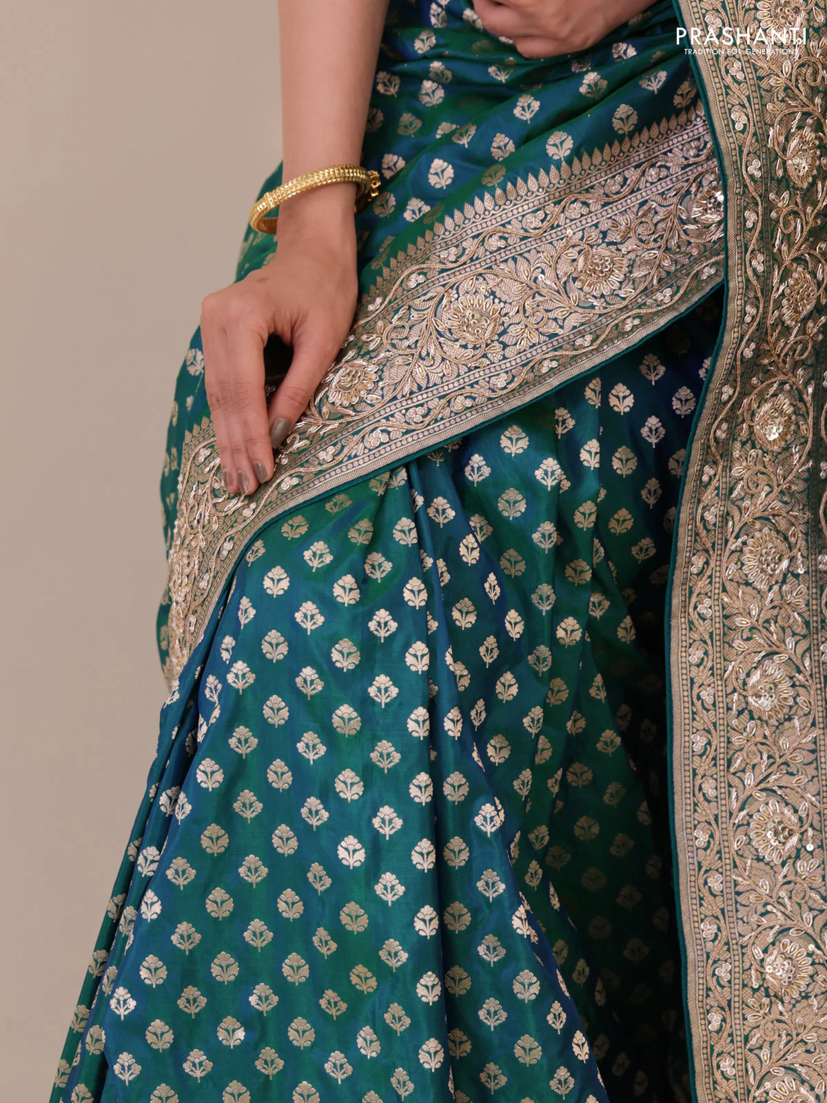Teal Green Banarasi Uppada silk saree with allover zari woven buttas & embroidery border - Image 4