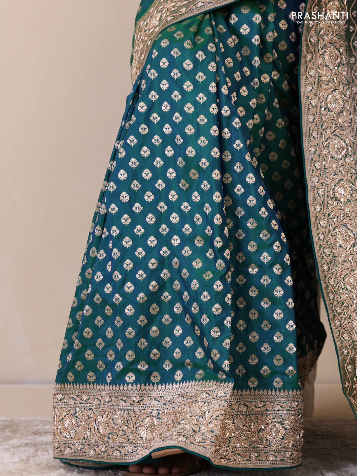 Teal Green Banarasi Uppada silk saree with allover zari woven buttas & embroidery border - Image 5