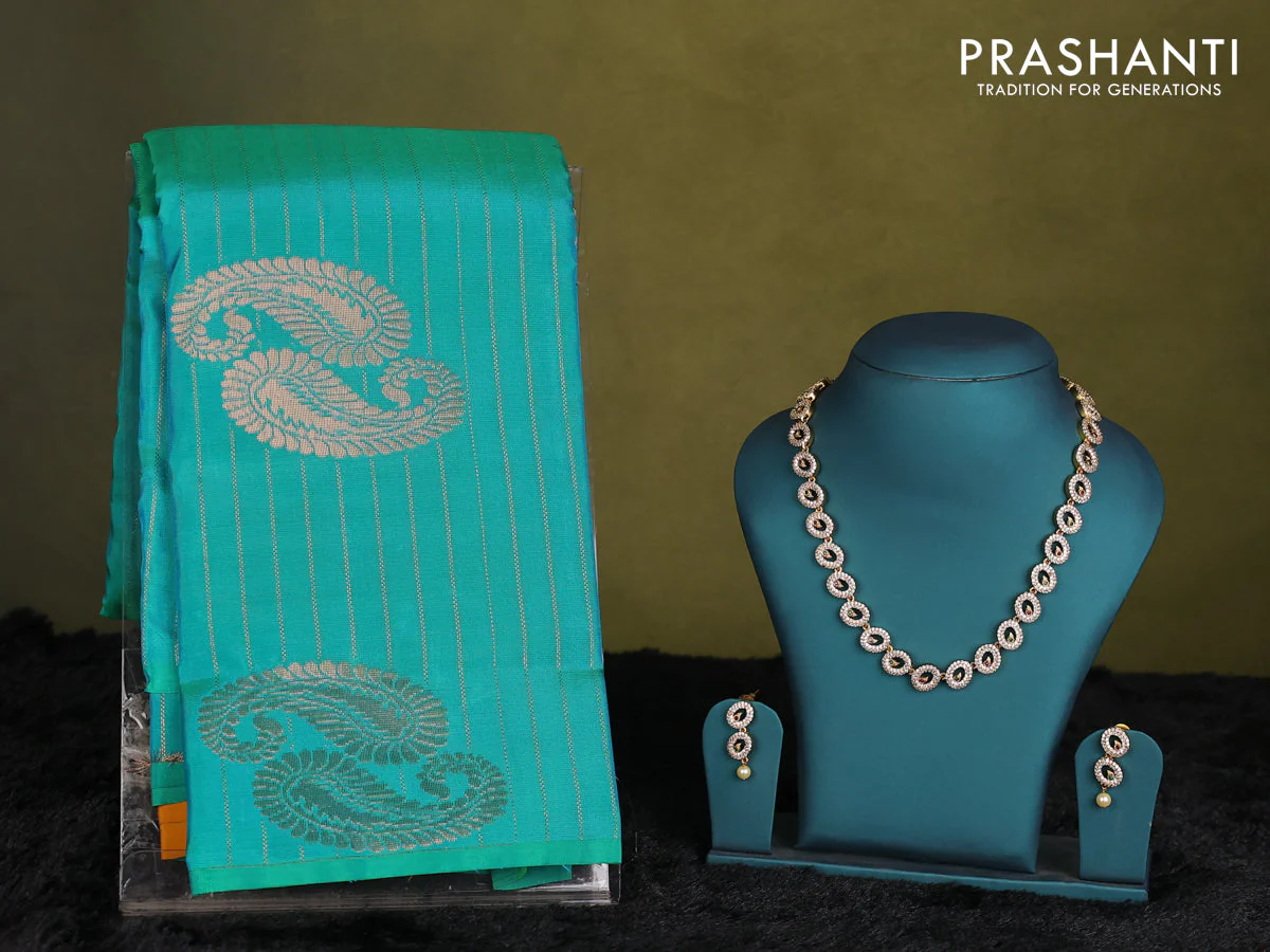 Teal Green-Mustard Yellow Kanchipuram silk saree with matching Neck piece