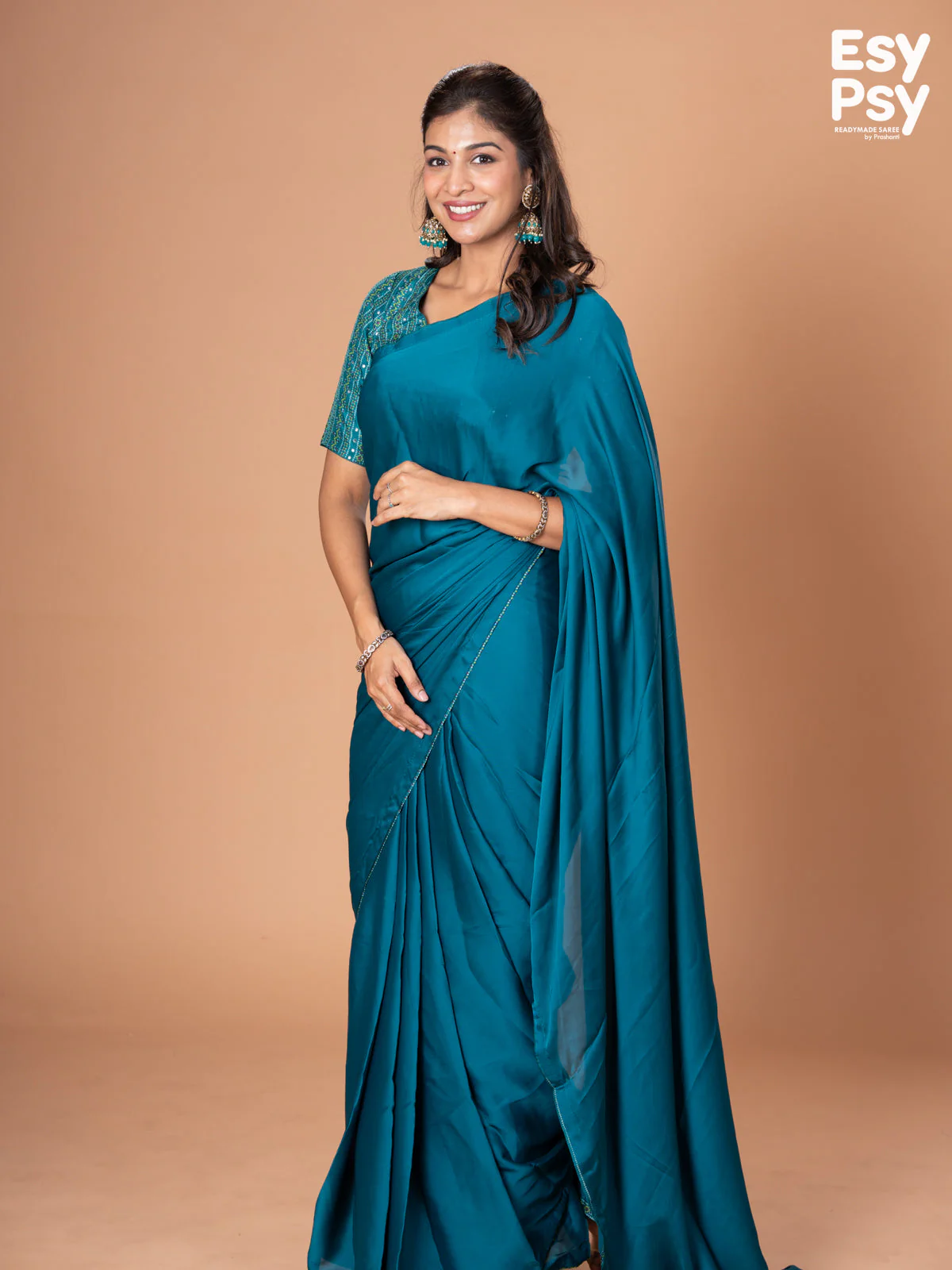 Teal Blue Satin Crepe readymade saree with readymade bandhani printed blouse - Image 2