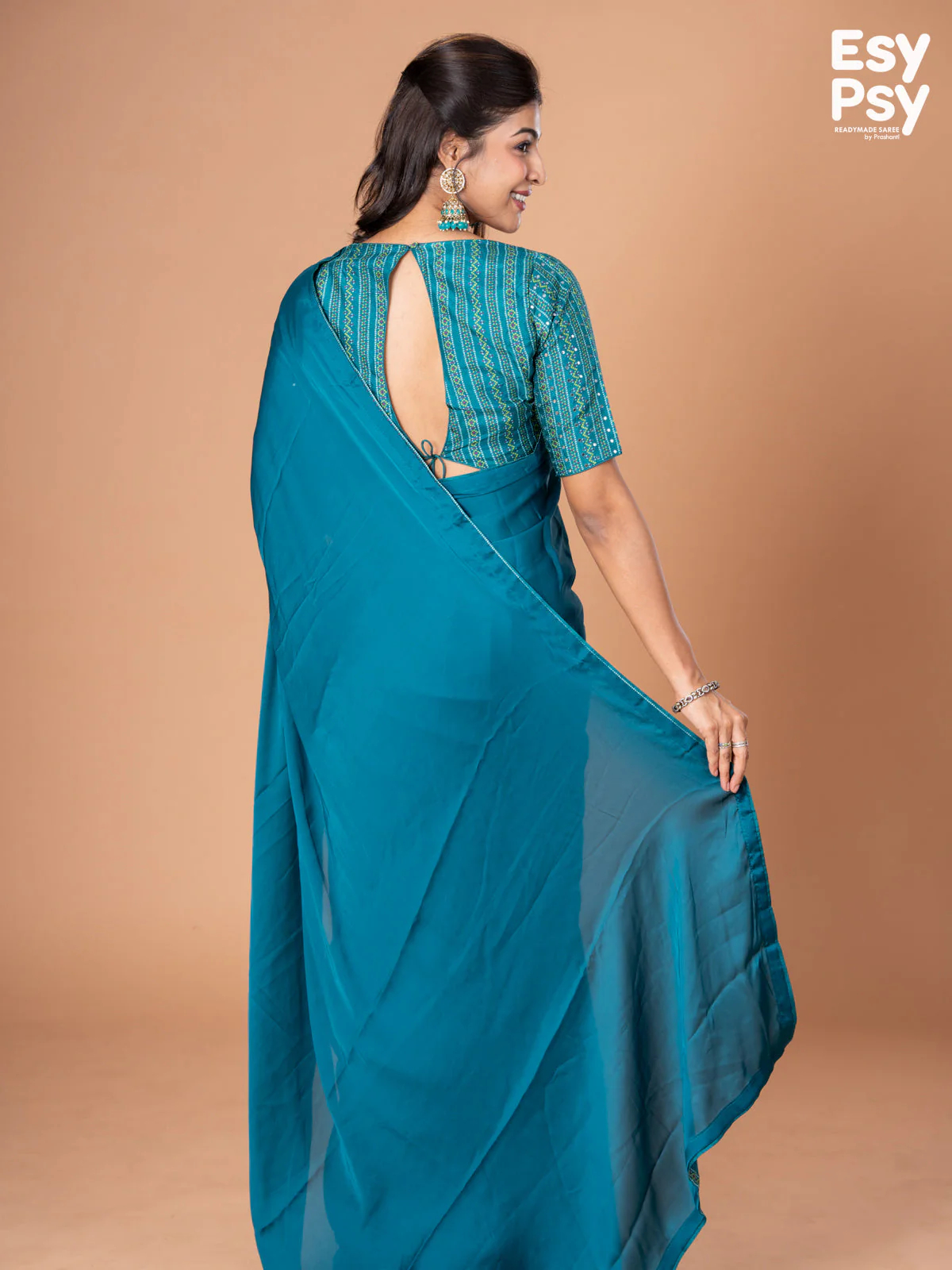 Teal Blue Satin Crepe readymade saree with readymade bandhani printed blouse - Image 3