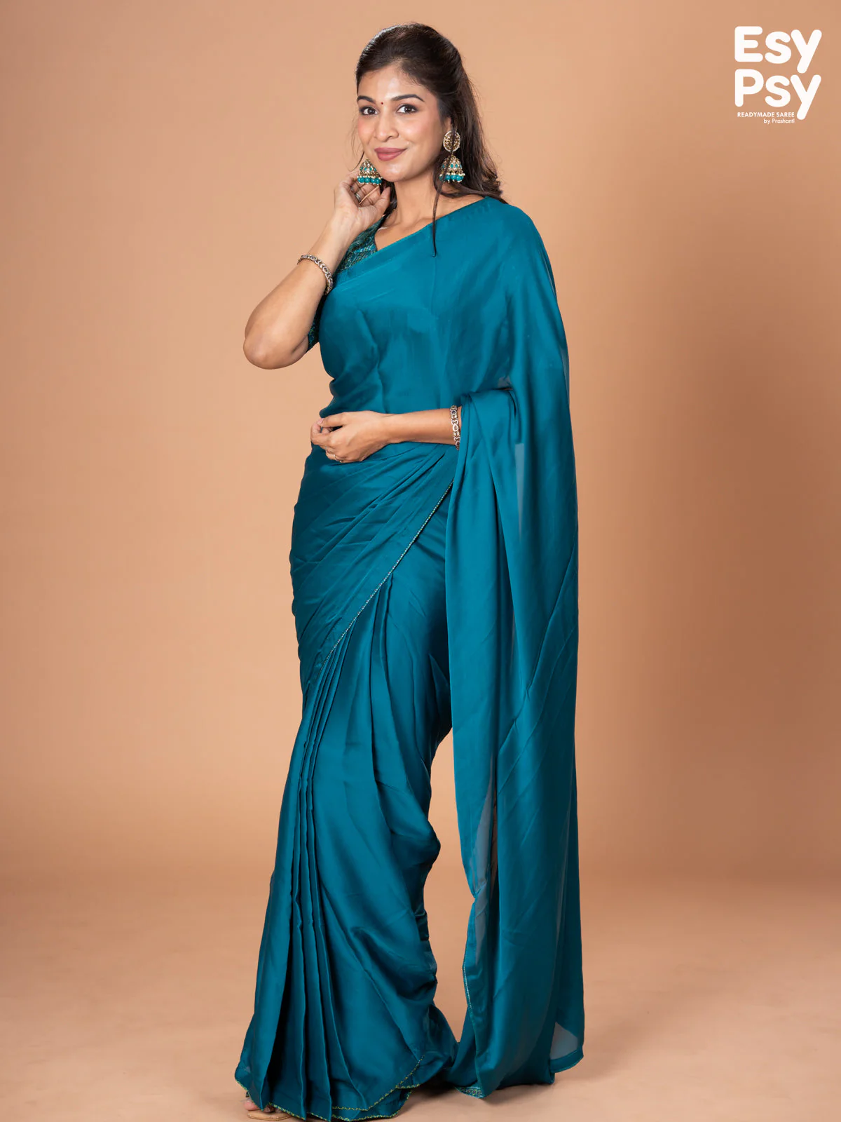 Teal Blue Satin Crepe readymade saree with readymade bandhani printed blouse - Image 4