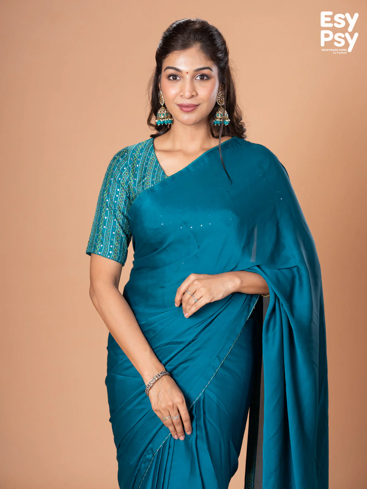 Teal Blue Satin Crepe readymade saree with readymade bandhani printed blouse - Image 5