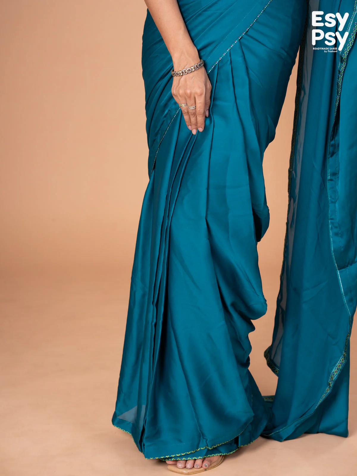 Teal Blue Satin Crepe readymade saree with readymade bandhani printed blouse - Image 6