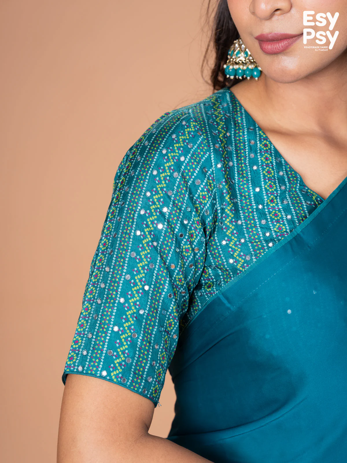 Teal Blue Satin Crepe readymade saree with readymade bandhani printed blouse - Image 7