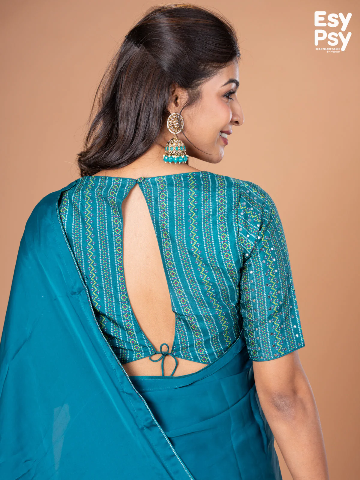 Teal Blue Satin Crepe readymade saree with readymade bandhani printed blouse - Image 8