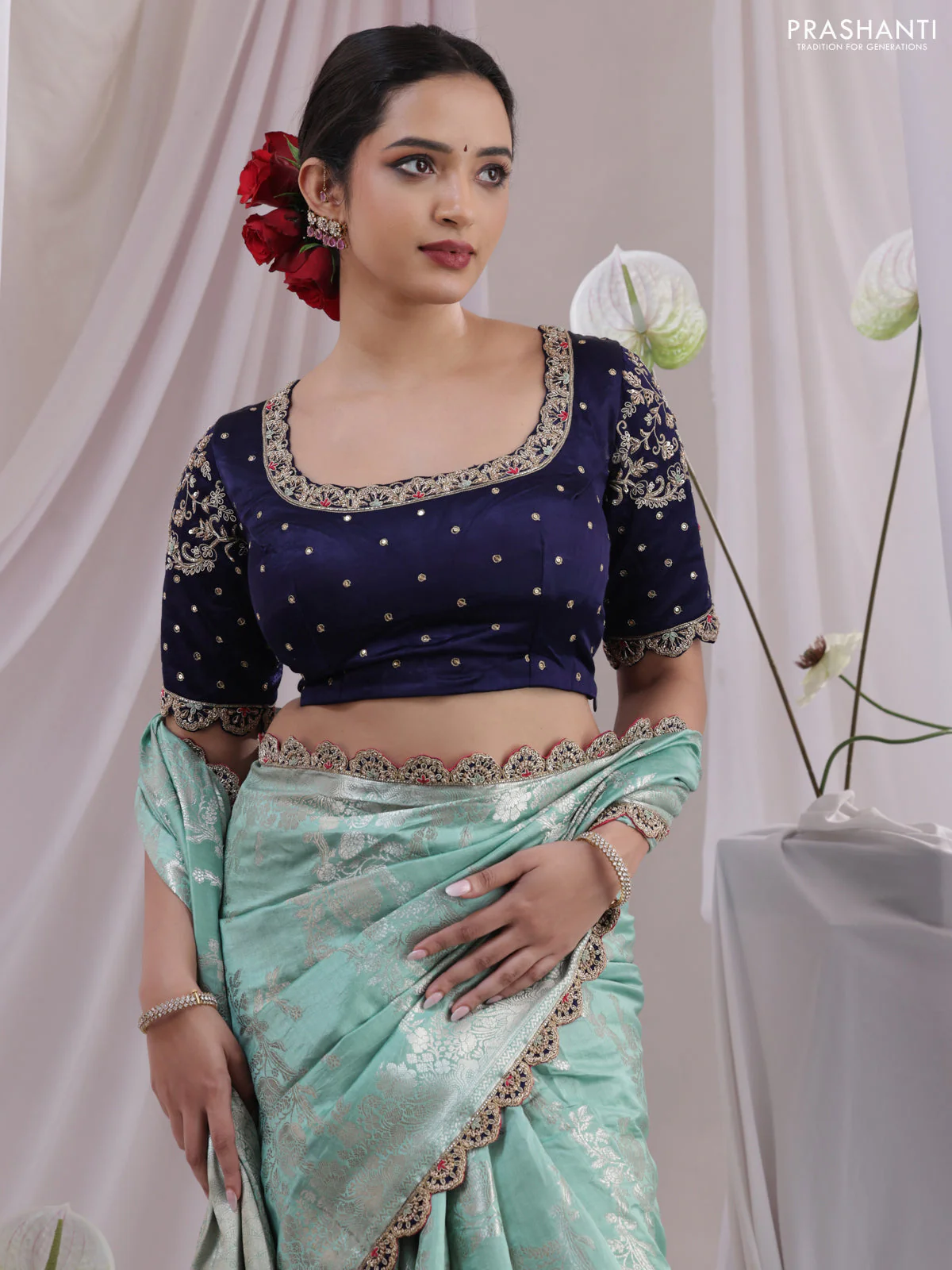 Teal Shade-Navy Blue Chiniya silk Saree with silver zari weaves & Embroidery Readymade Blouse - Image 2