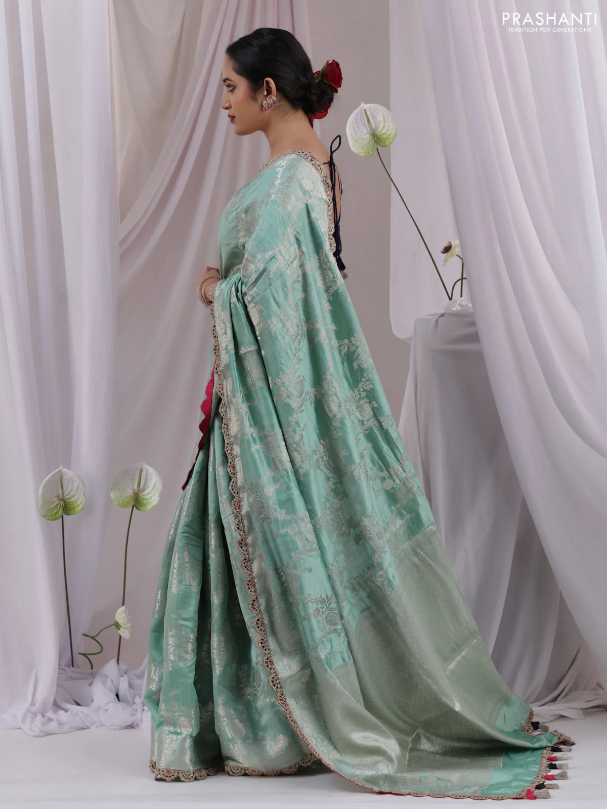 Teal Shade-Navy Blue Chiniya silk Saree with silver zari weaves & Embroidery Readymade Blouse - Image 3