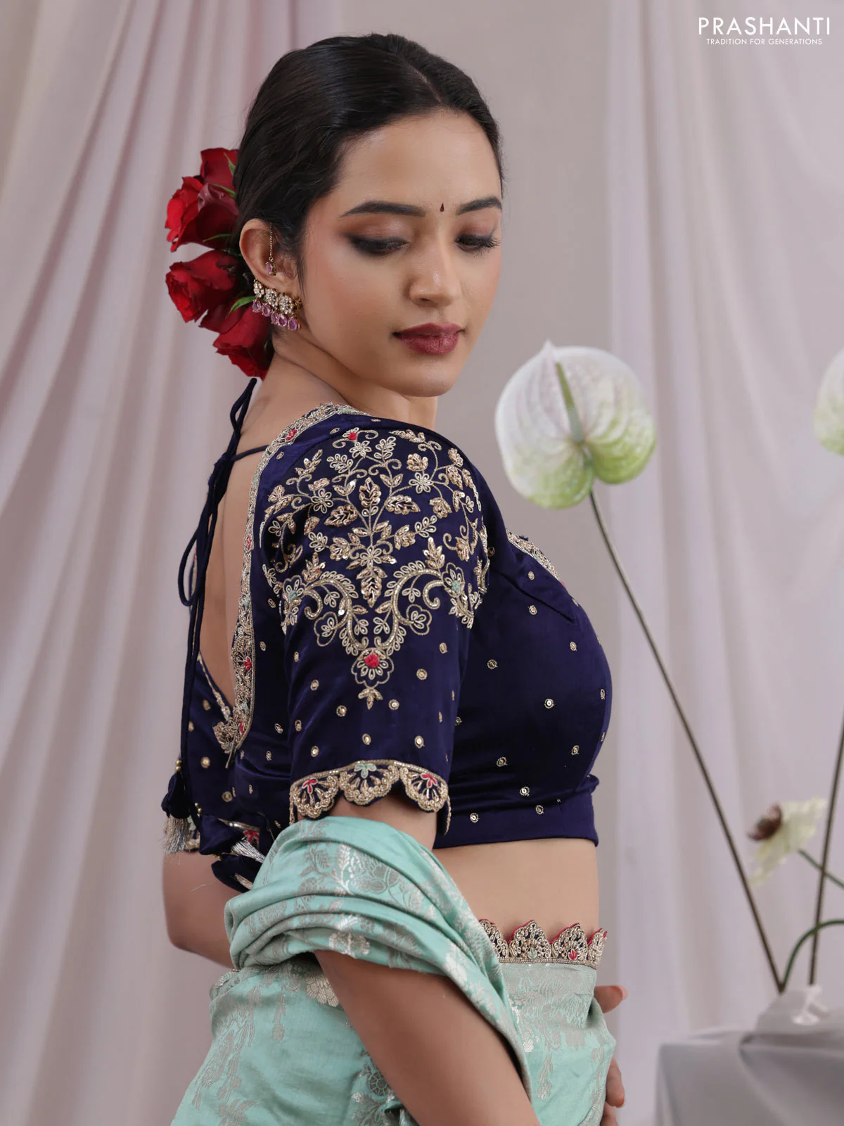 Teal Shade-Navy Blue Chiniya silk Saree with silver zari weaves & Embroidery Readymade Blouse - Image 4