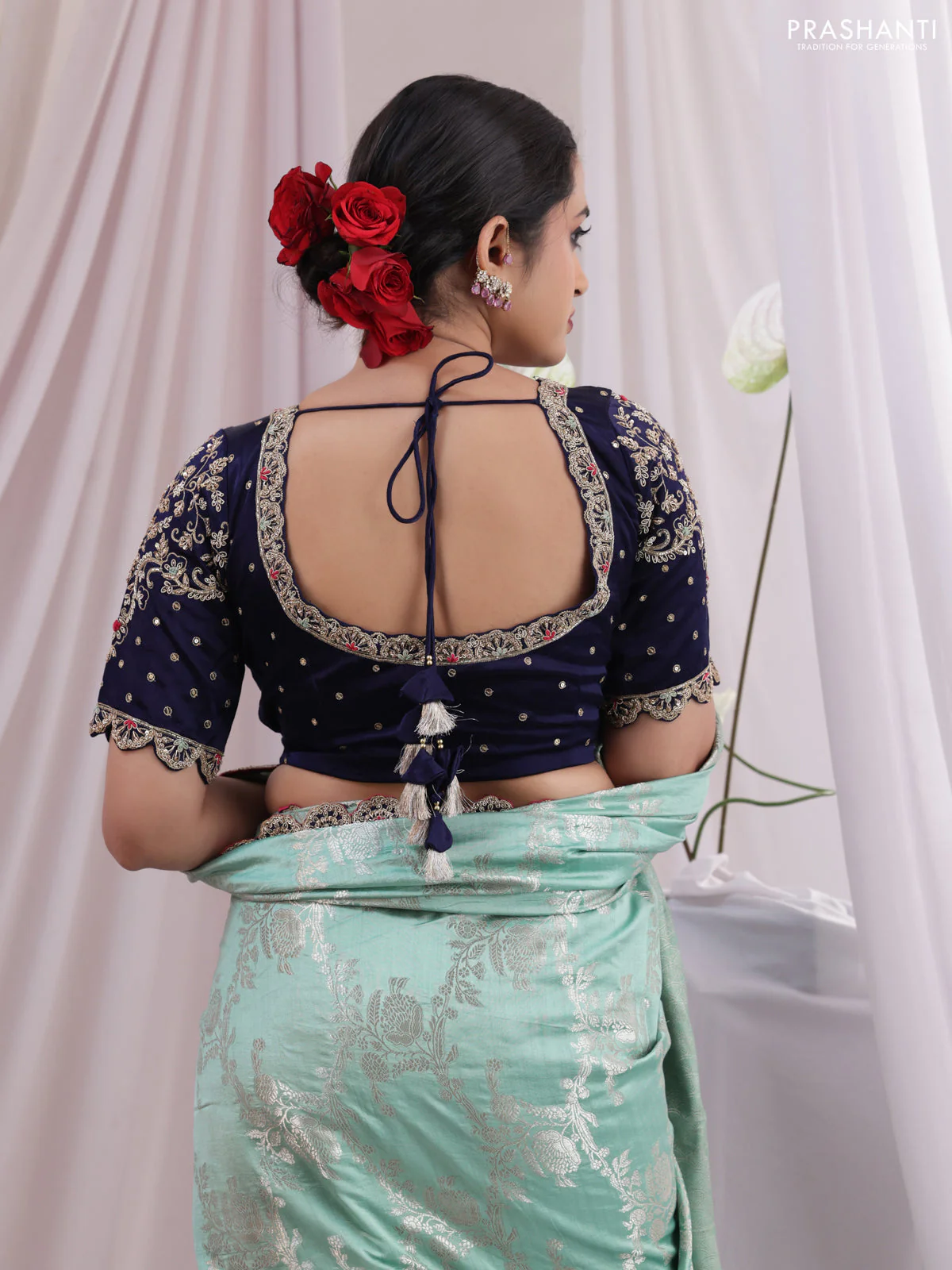 Teal Shade-Navy Blue Chiniya silk Saree with silver zari weaves & Embroidery Readymade Blouse - Image 5