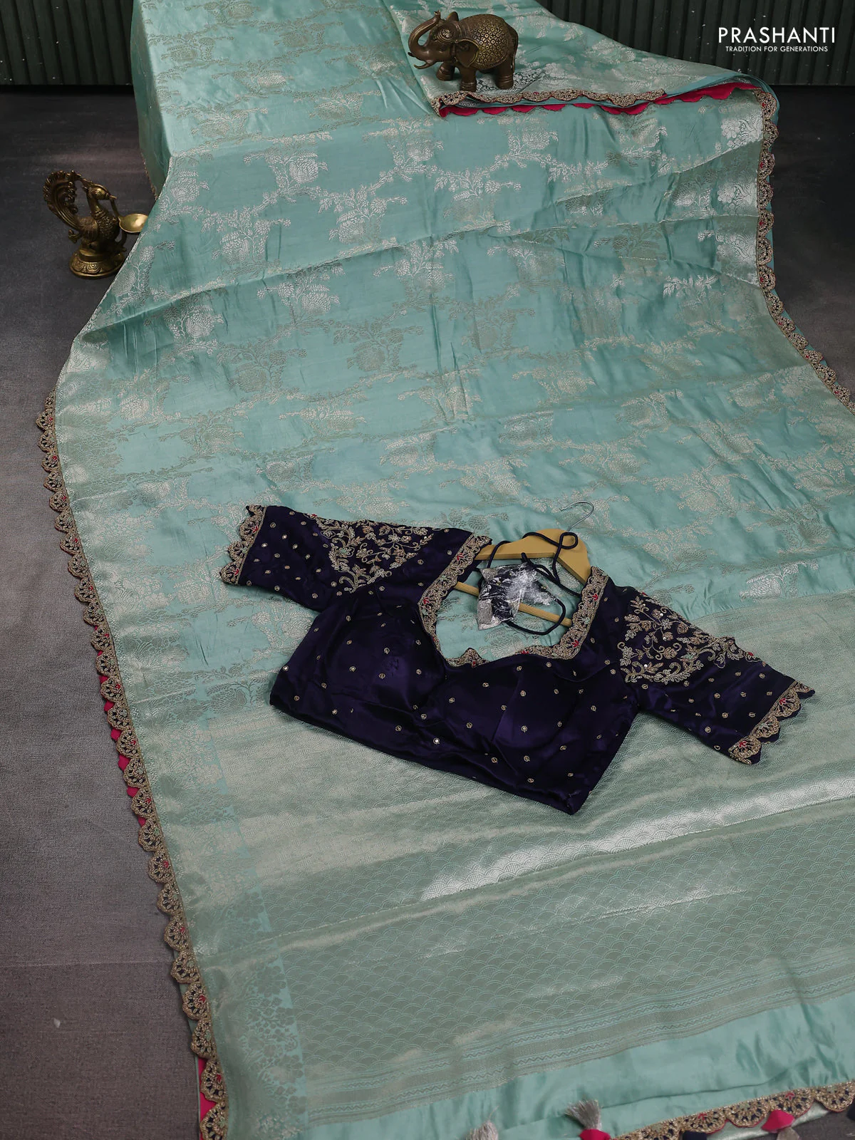 Teal Shade-Navy Blue Chiniya silk Saree with silver zari weaves & Embroidery Readymade Blouse - Image 6
