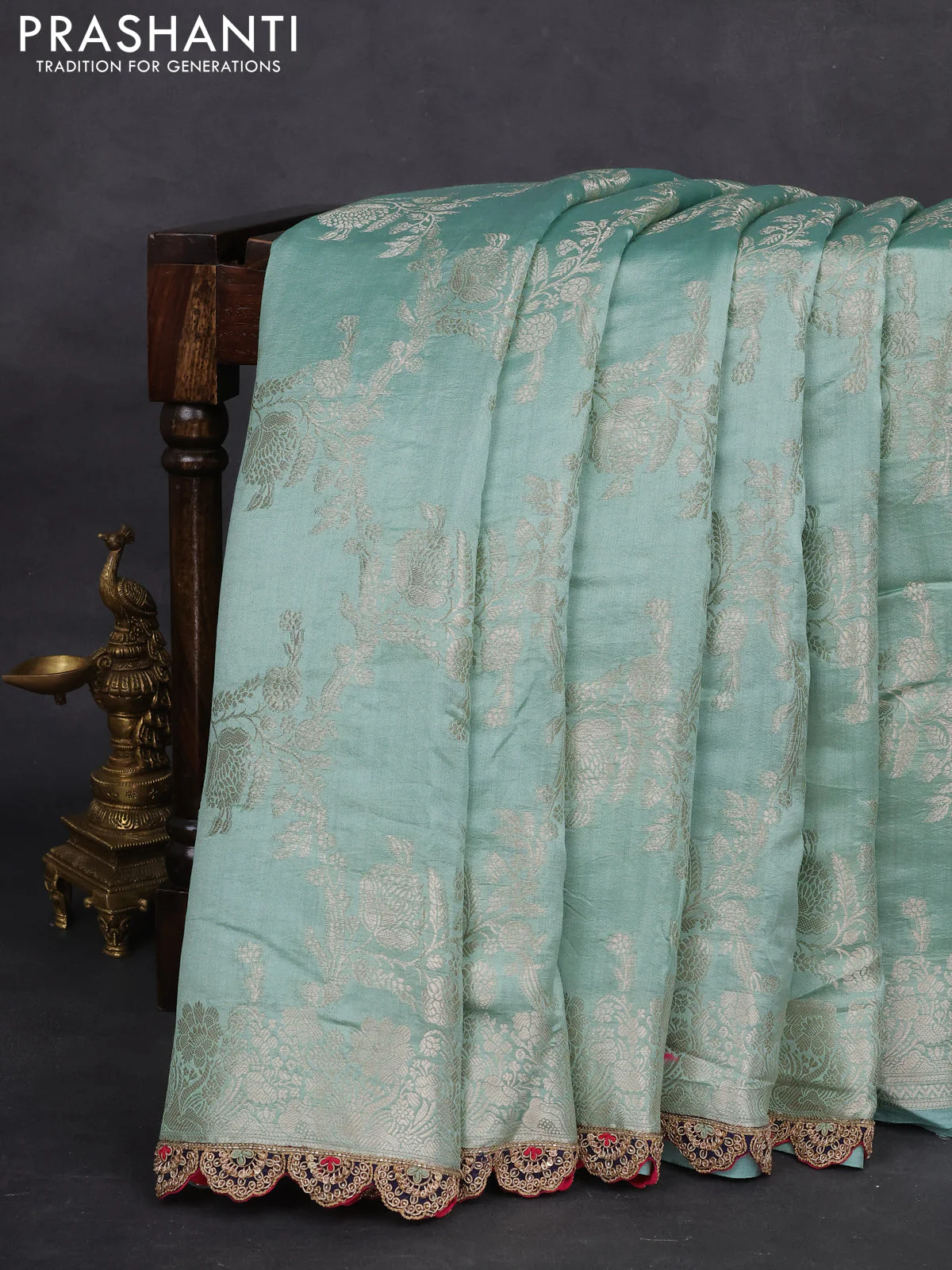 Teal Shade-Navy Blue Chiniya silk Saree with silver zari weaves & Embroidery Readymade Blouse - Image 7