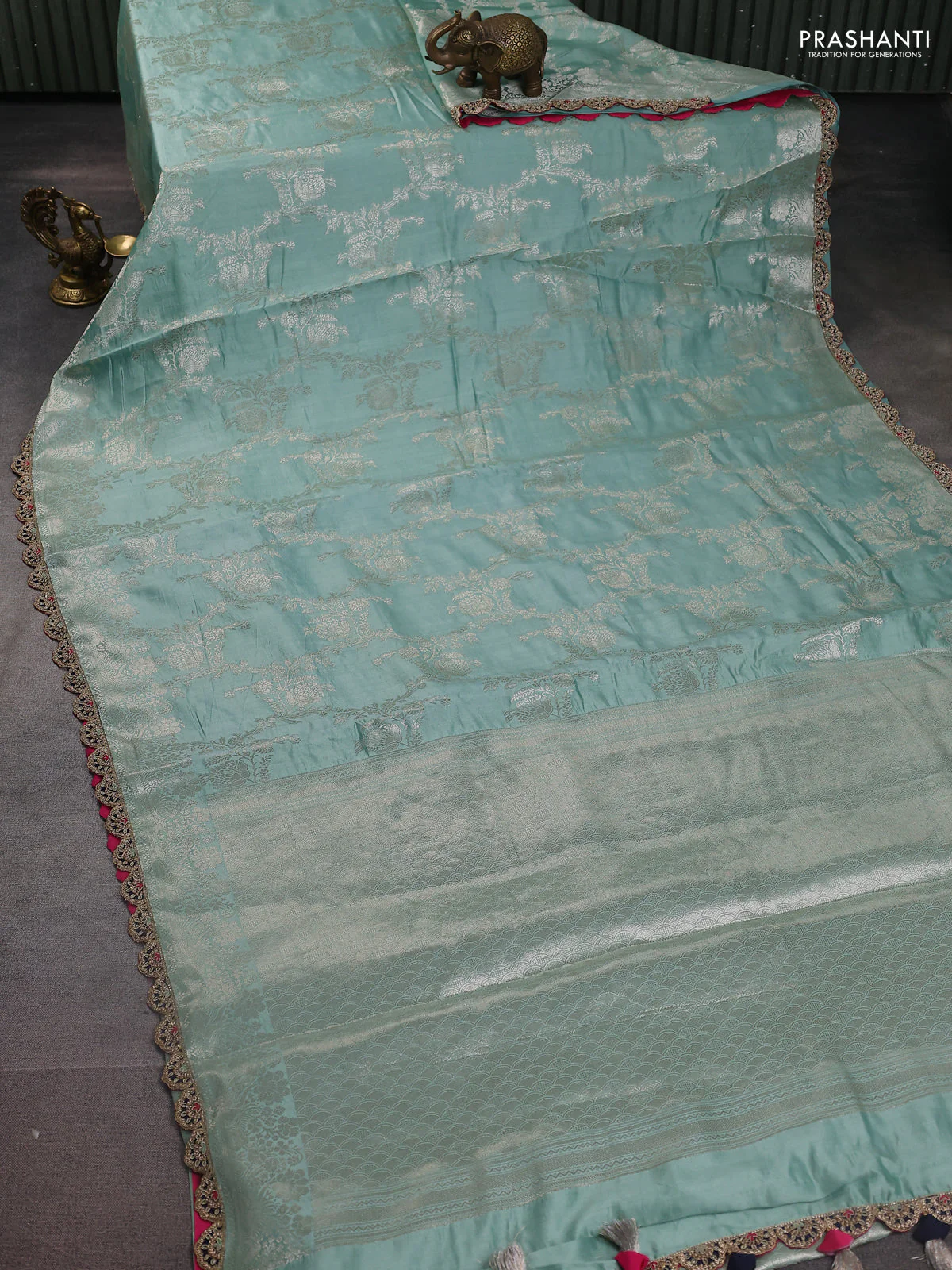 Teal Shade-Navy Blue Chiniya silk Saree with silver zari weaves & Embroidery Readymade Blouse - Image 8