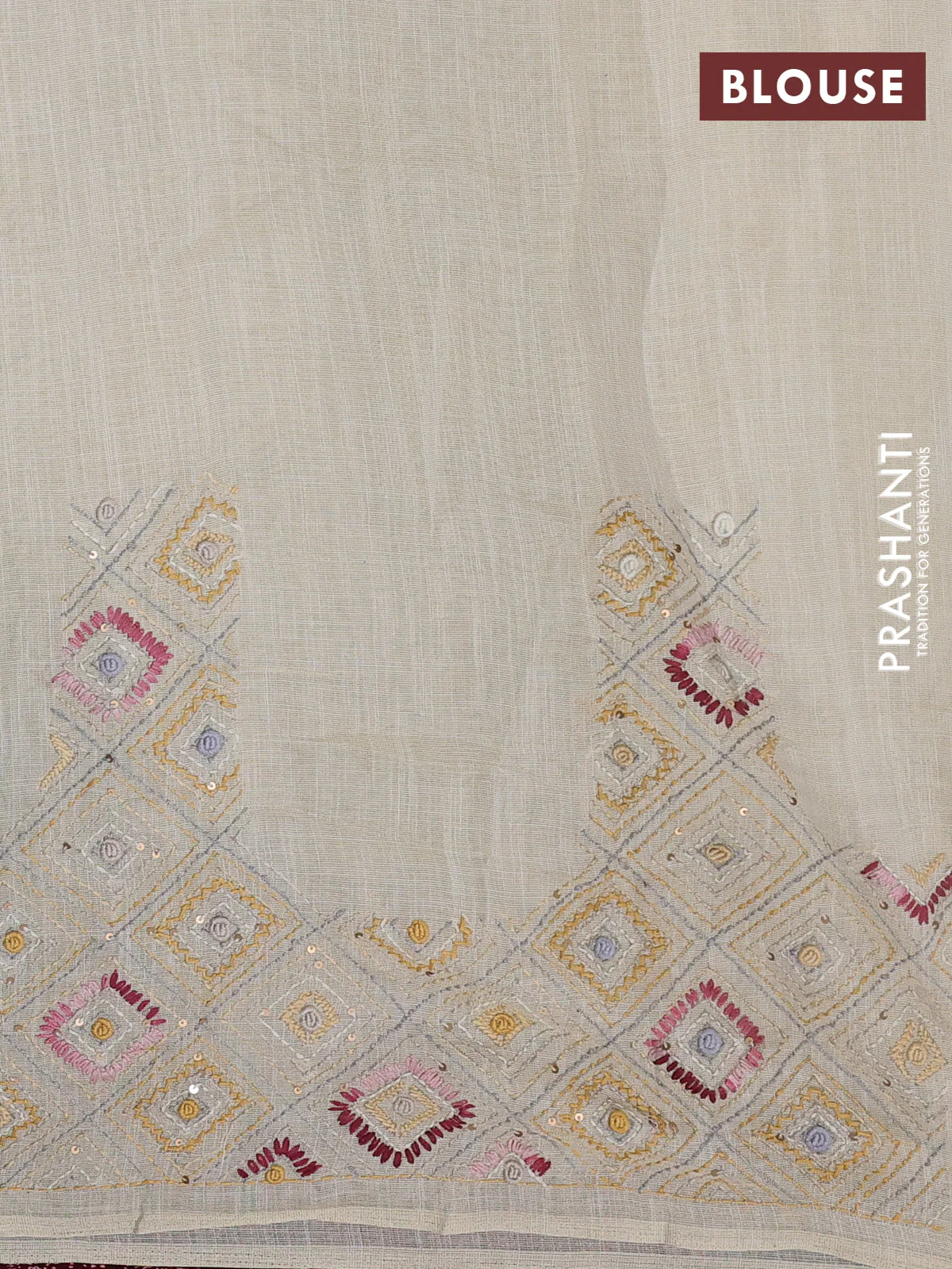 Tissue linen cotton saree cream and grey with embroidery buttas and embroidery pallu - Image 3