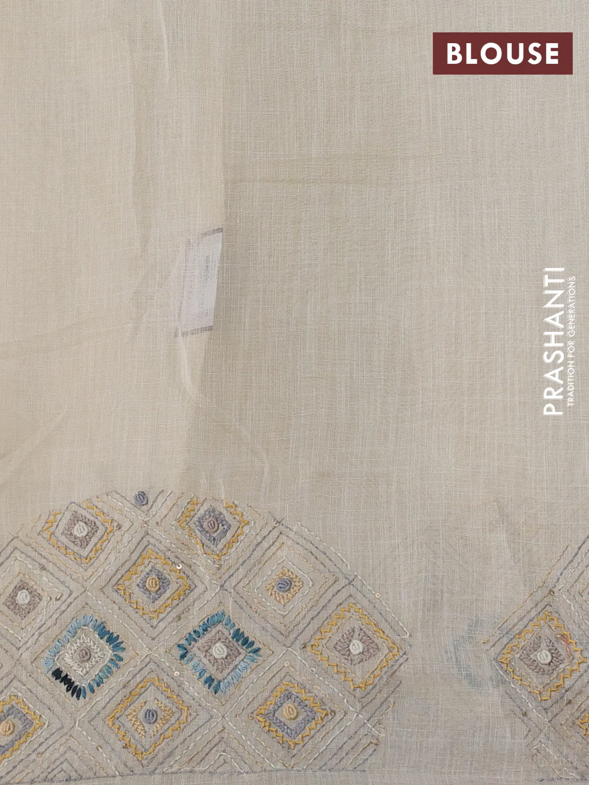 Tissue linen cotton saree cream and sandal with embroidery buttas and embroidery pallu - Image 3