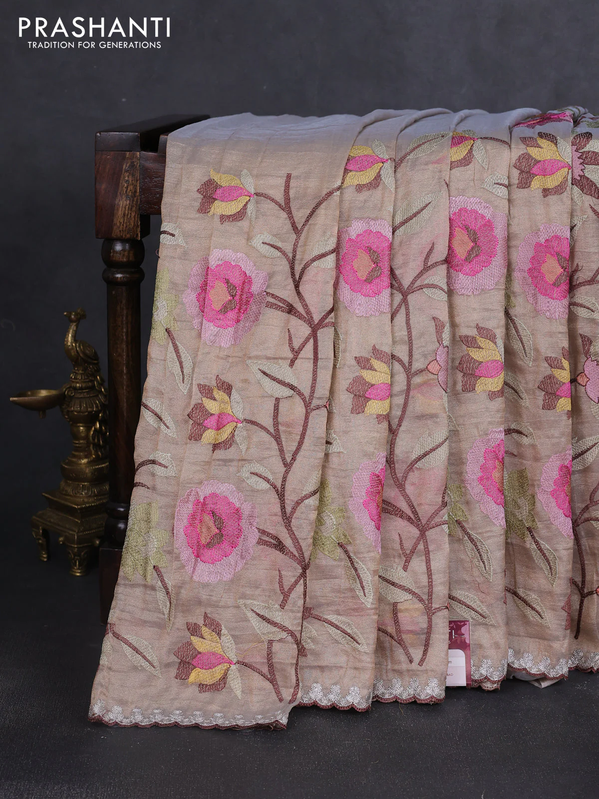 Tissue organza saree beige with floral embroidery work