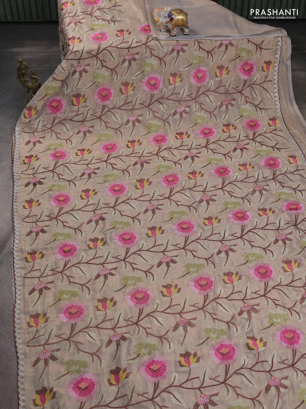 Tissue organza saree beige with floral embroidery work - Image 2