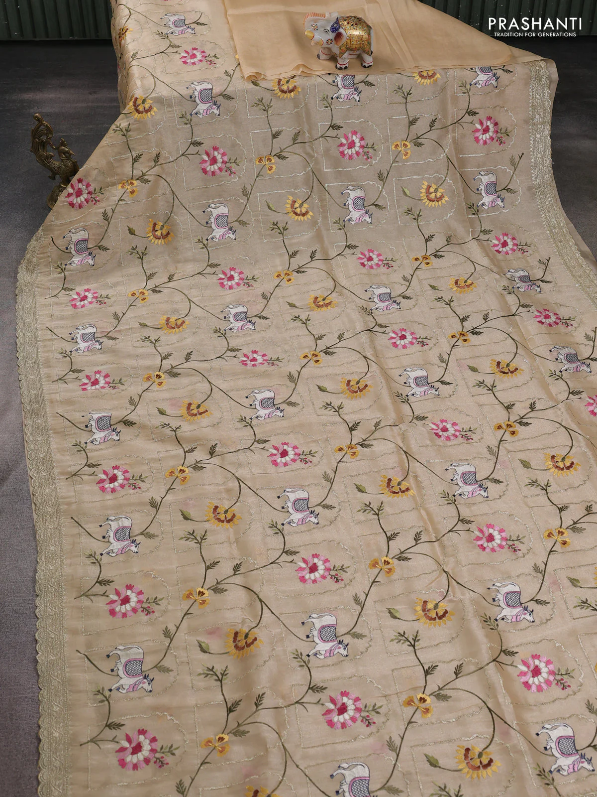 Tissue organza saree cream with allover pichwai embroidery work - Image 2