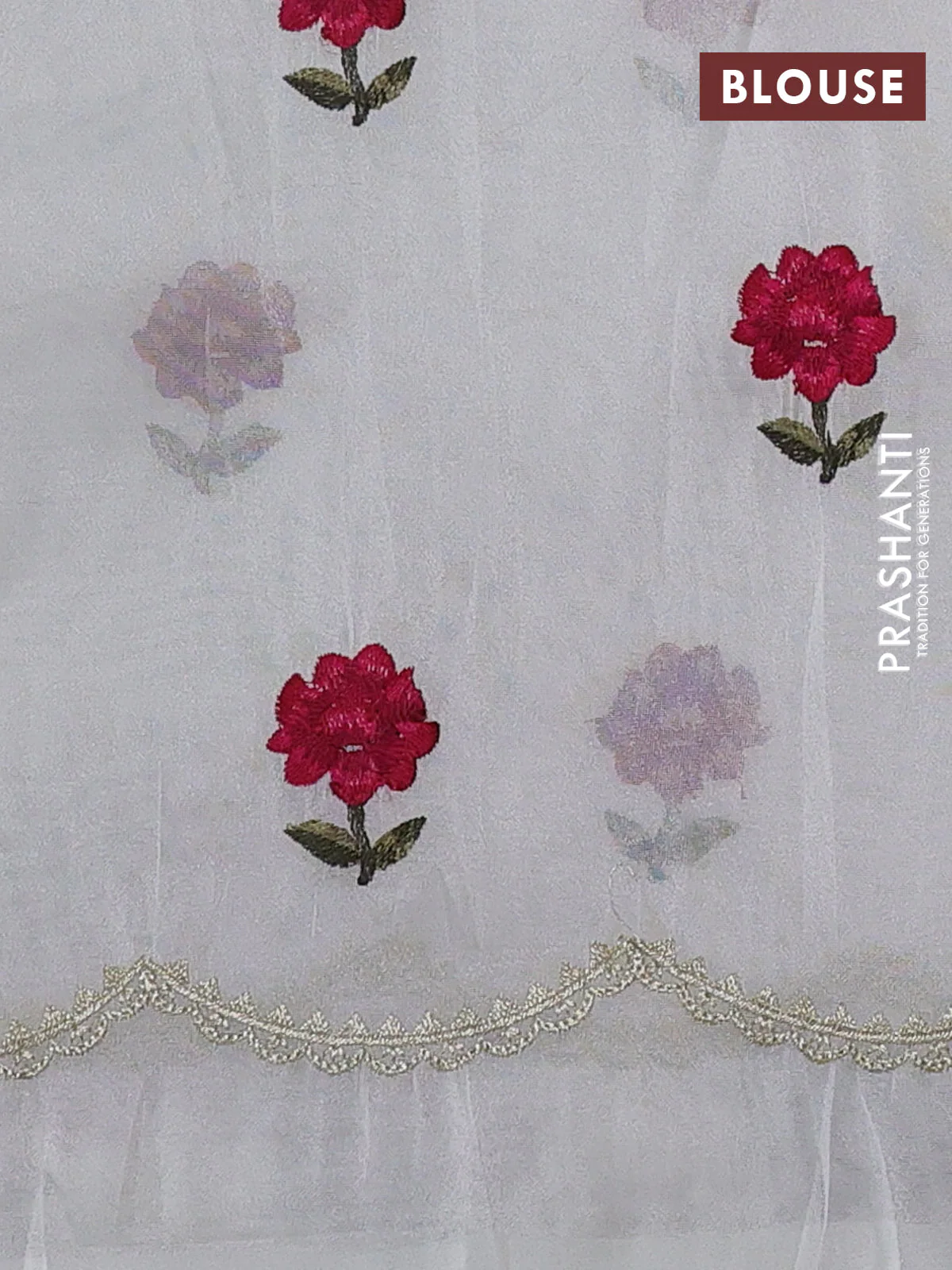 Tissue organza saree cream with plain body and floral embroidery border - Image 3