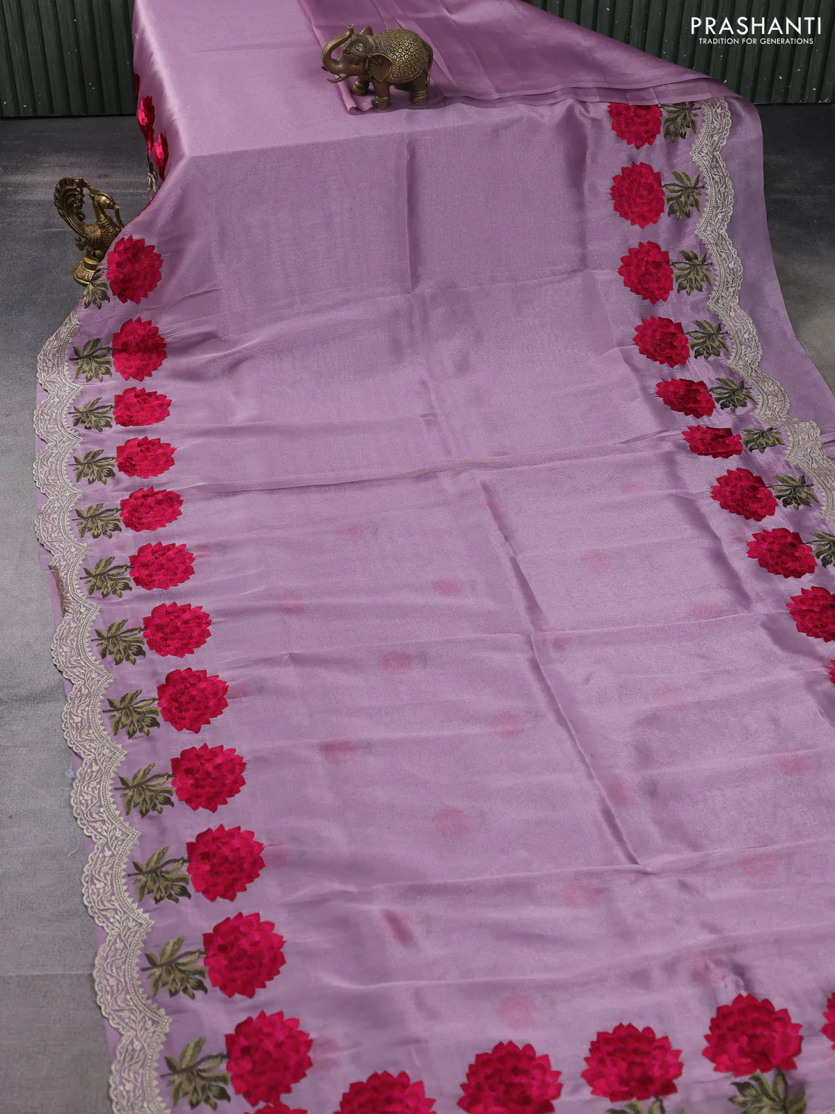 Tissue organza saree lavender with plain body and floral embroidery border - Image 2