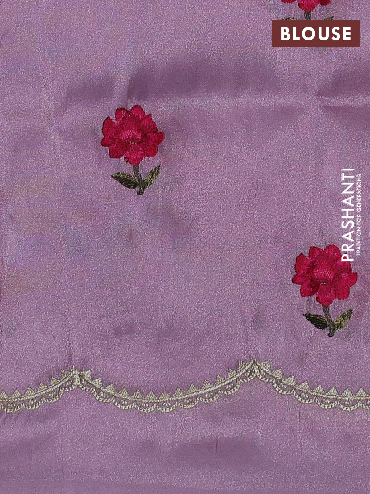 Tissue organza saree lavender with plain body and floral embroidery border - Image 3
