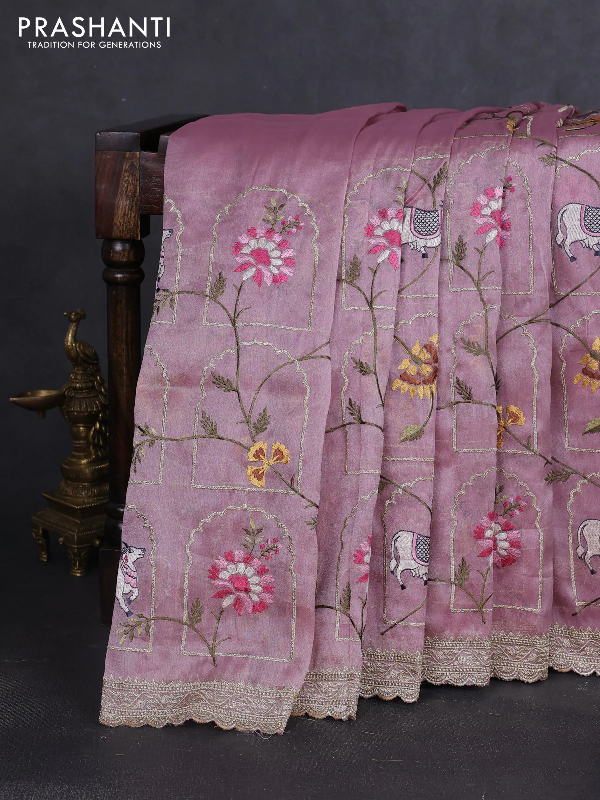 Tissue organza saree mauve pink with allover pichwai embroidery work