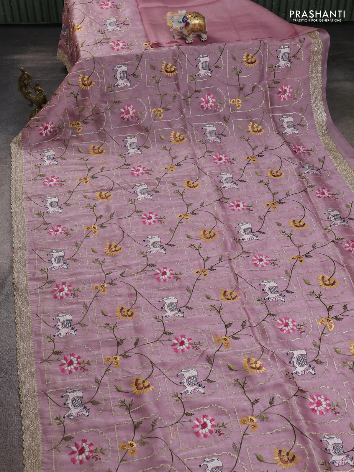 Tissue organza saree mauve pink with allover pichwai embroidery work - Image 2
