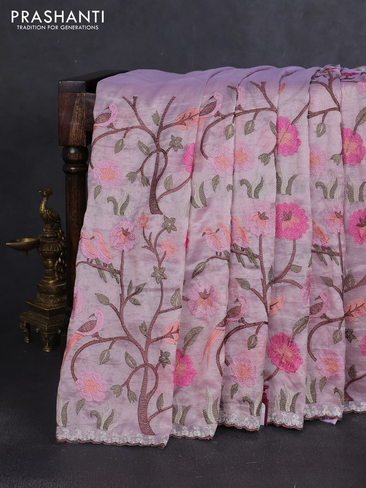 Tissue organza saree mild lavender with allover embroidery work