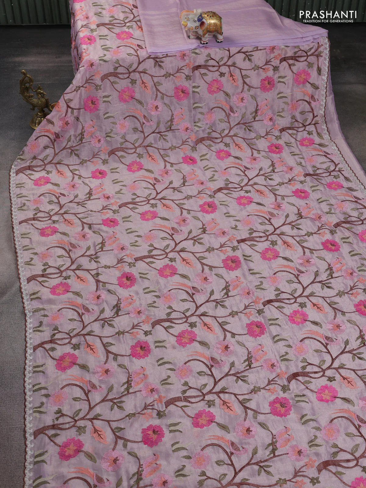 Tissue organza saree mild lavender with allover embroidery work - Image 2